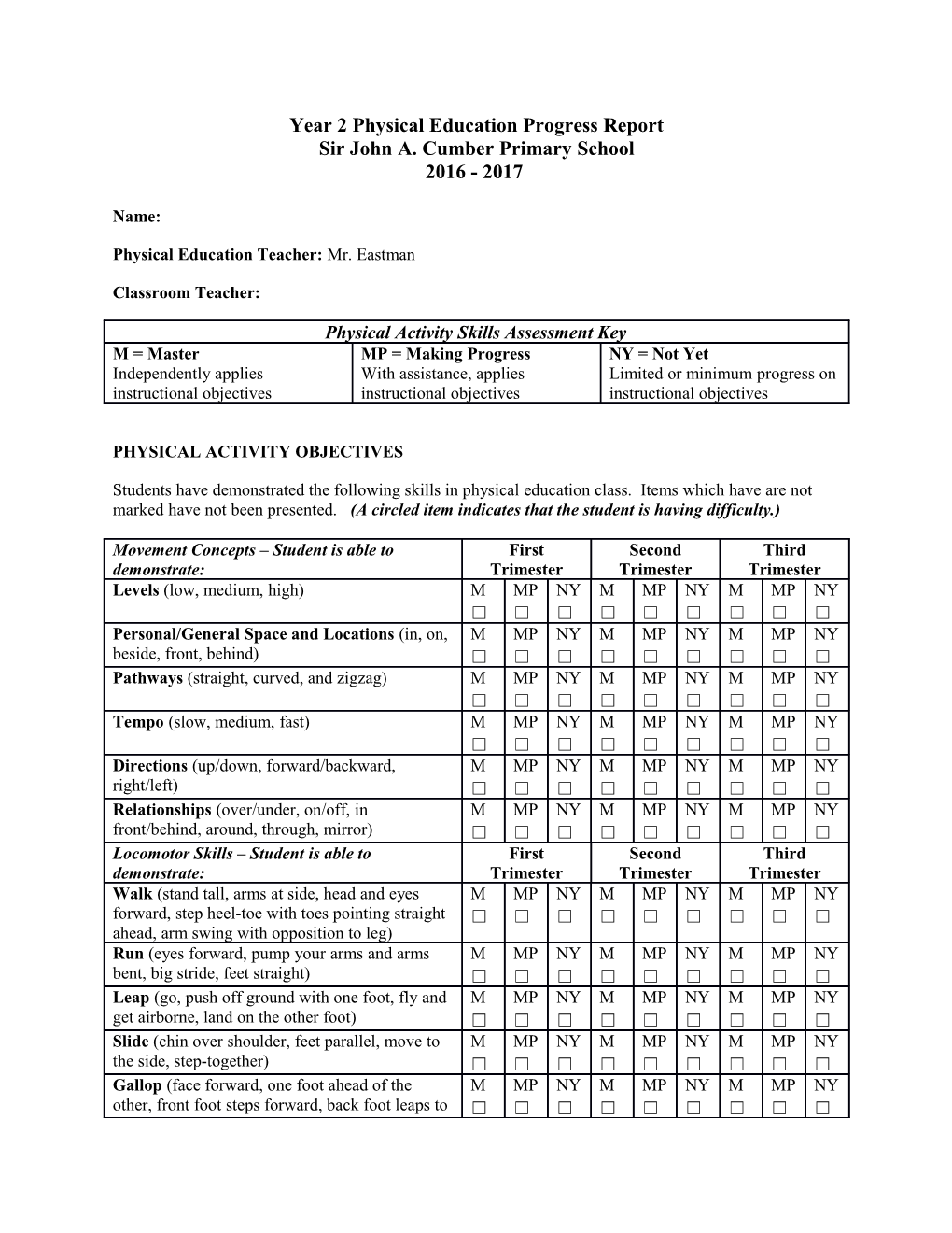 Year 2 Physical Education Progress Report