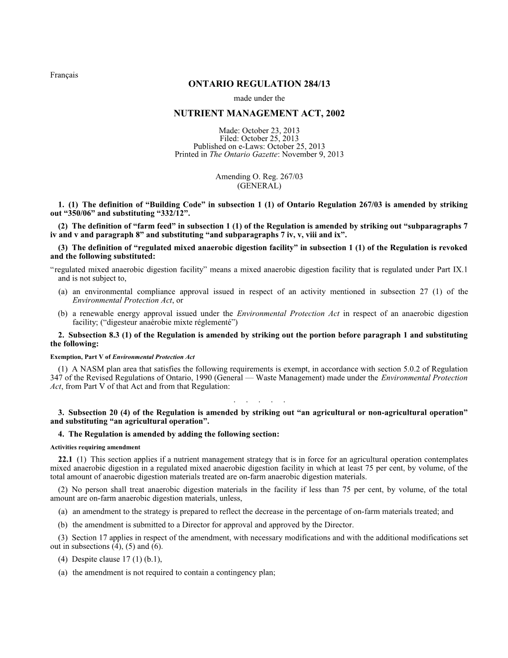 NUTRIENT MANAGEMENT ACT, 2002 - O. Reg. 284/13