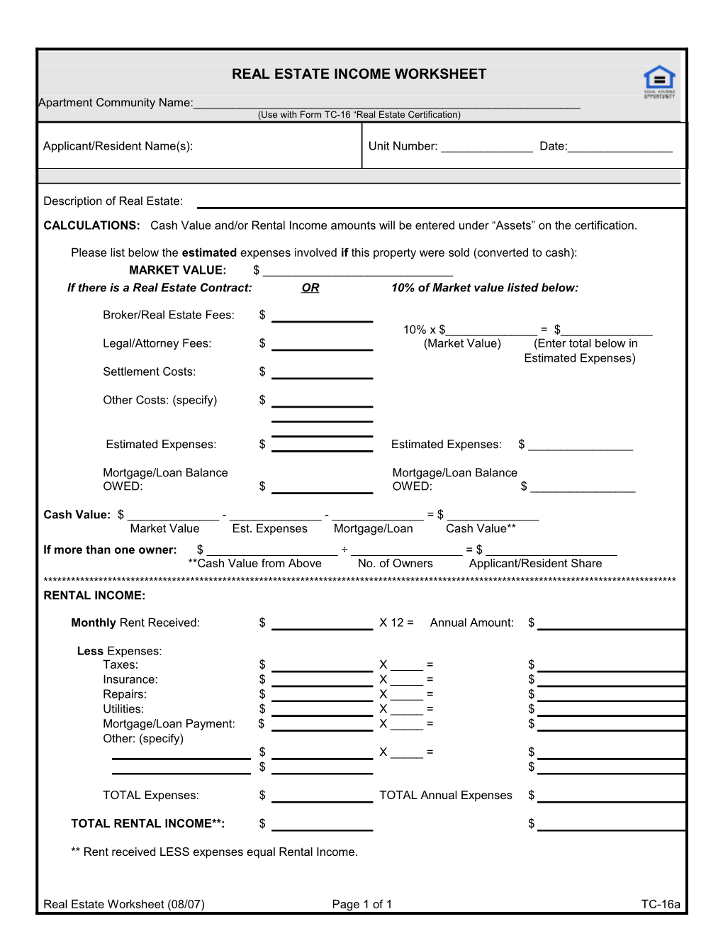 Real Estate Imputed Income Worksheet