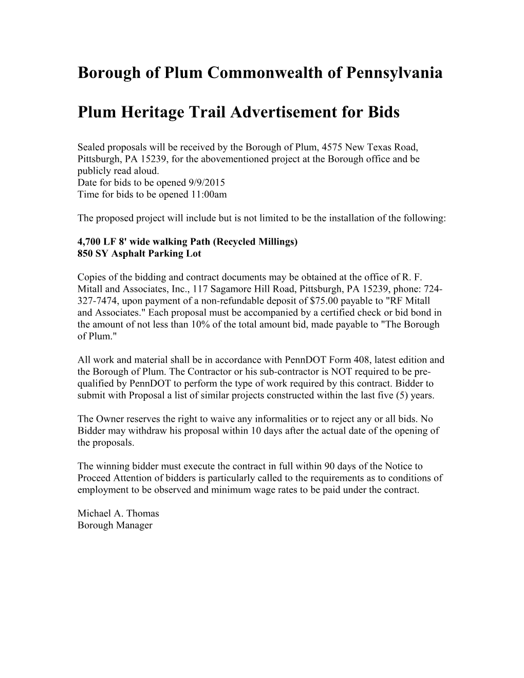 Borough of Plum Commonwealth of Pennsylvania Plum Heritage Trail Advertisement for Bids