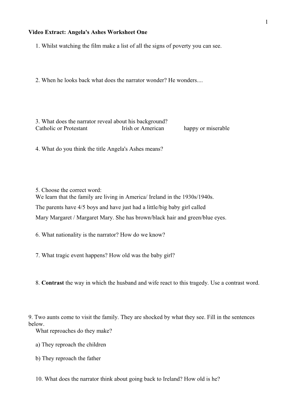 Video Extract: Angela's Ashes Worksheet One