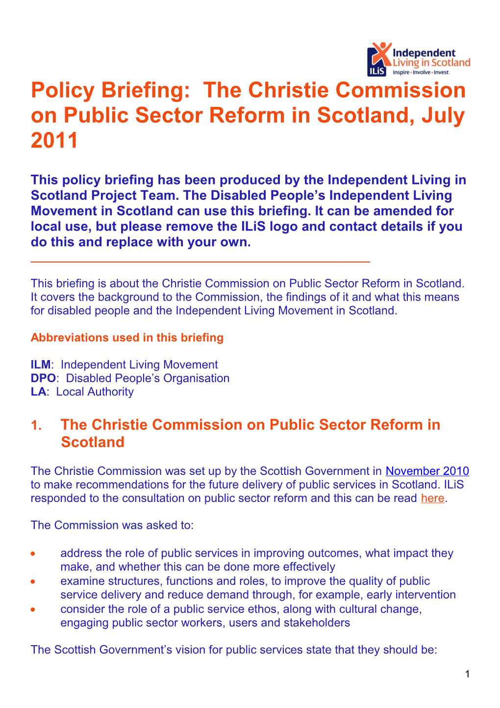 Policy Briefing: the Christie Commission on Public Sector Reform in Scotland, July 2011