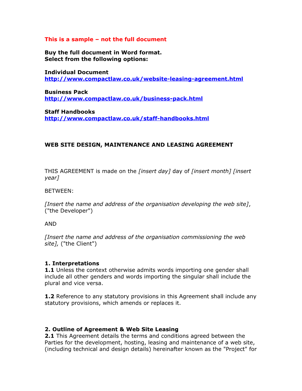Web Site Design, Maintenance and Leasing Agreement