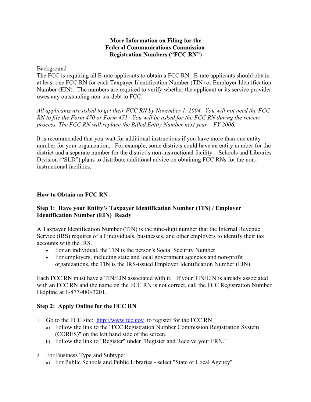 Numbers Required for FY 2005 E-Rate Applications