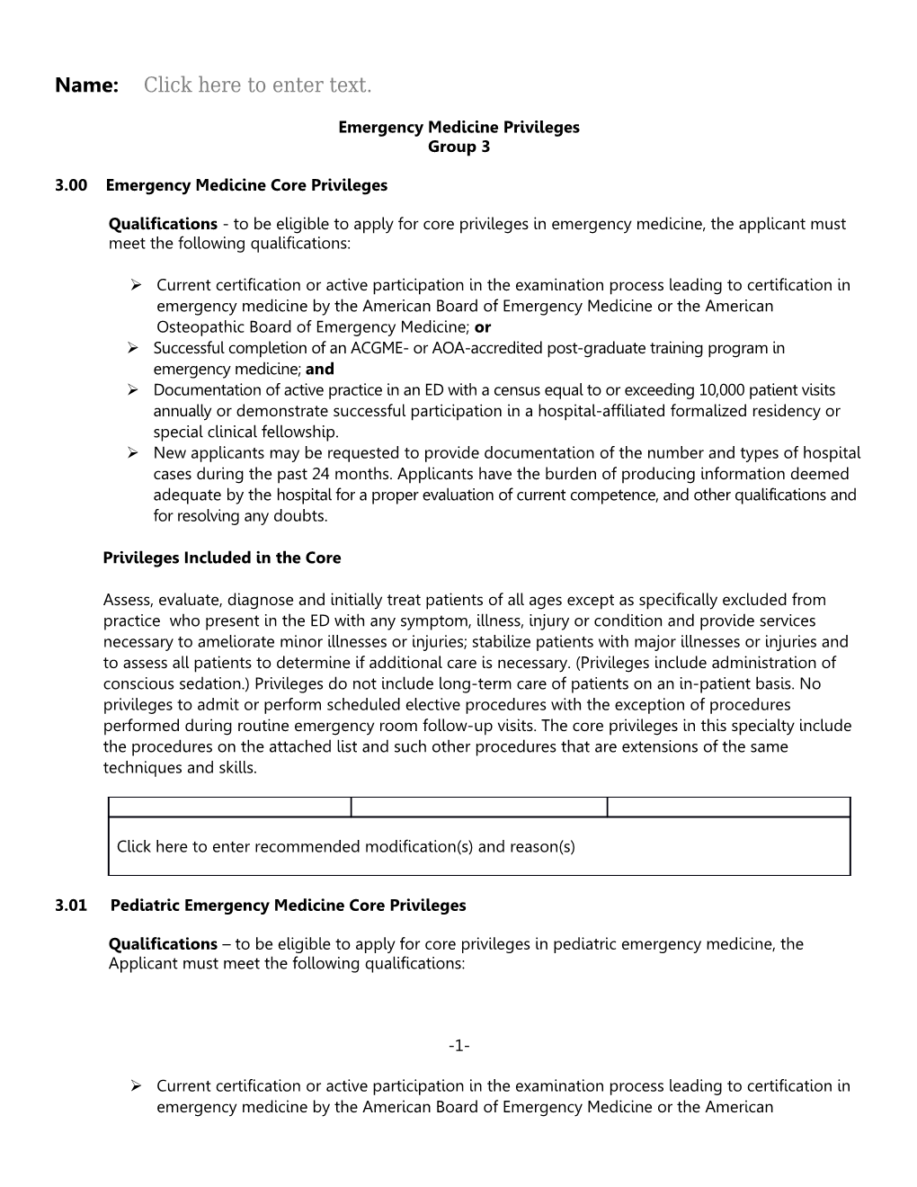 3.00 Emergency Medicine Core Privileges