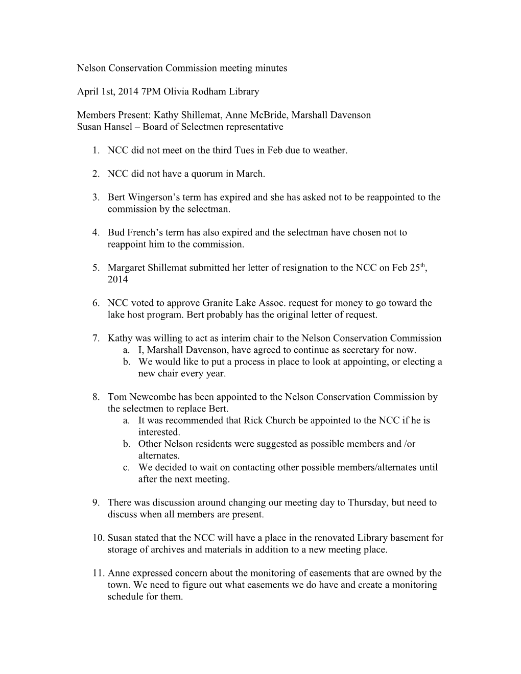 Nelson Conservation Commission Meeting Minutes