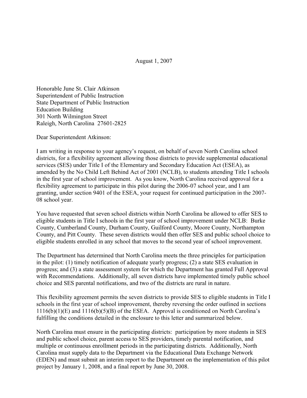 Letter to NC Superintendent Allowing Some of Thier Districts to Offer SES to Eligible Students