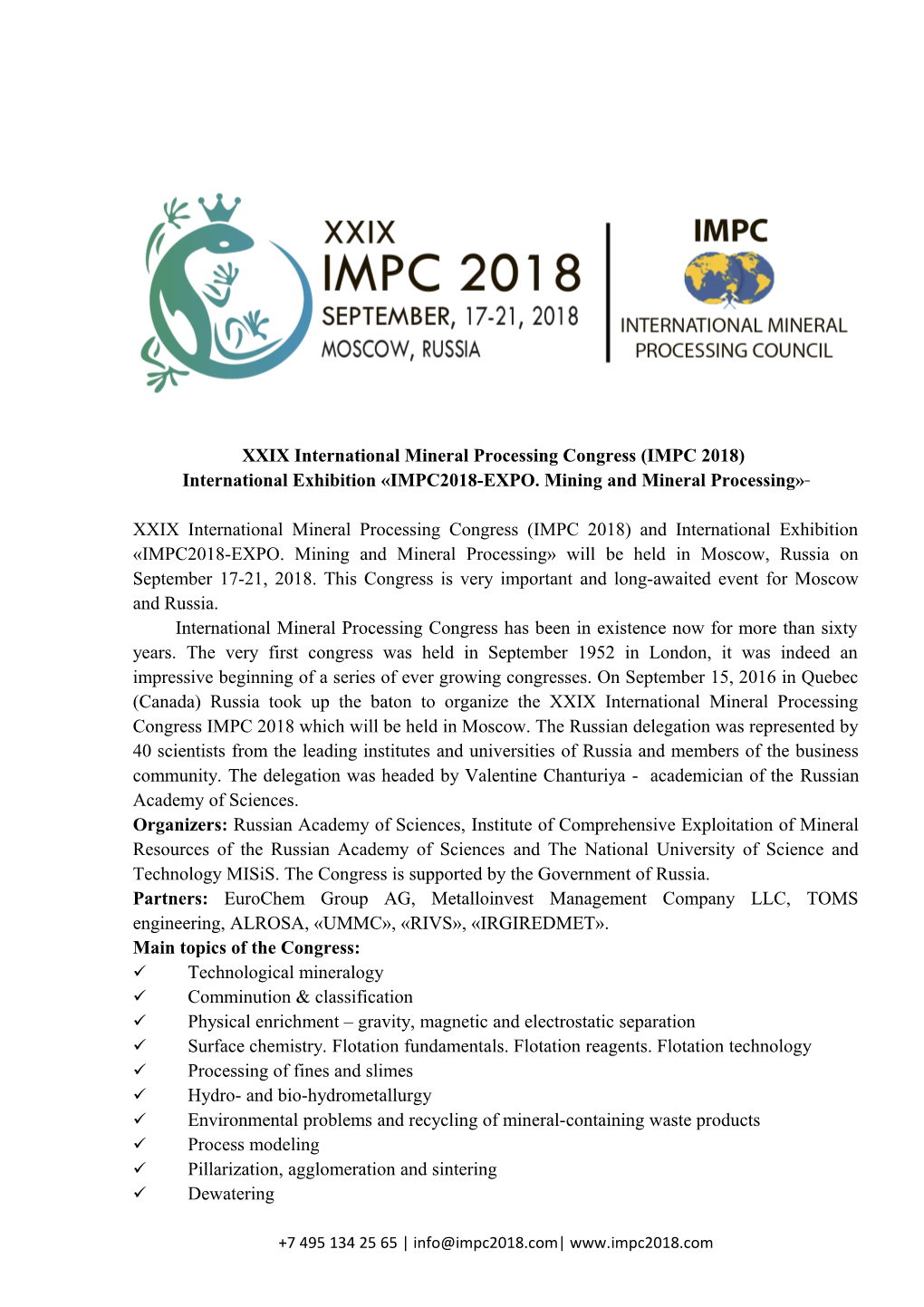 XXIX International Mineral Processing Congress (IMPC 2018)