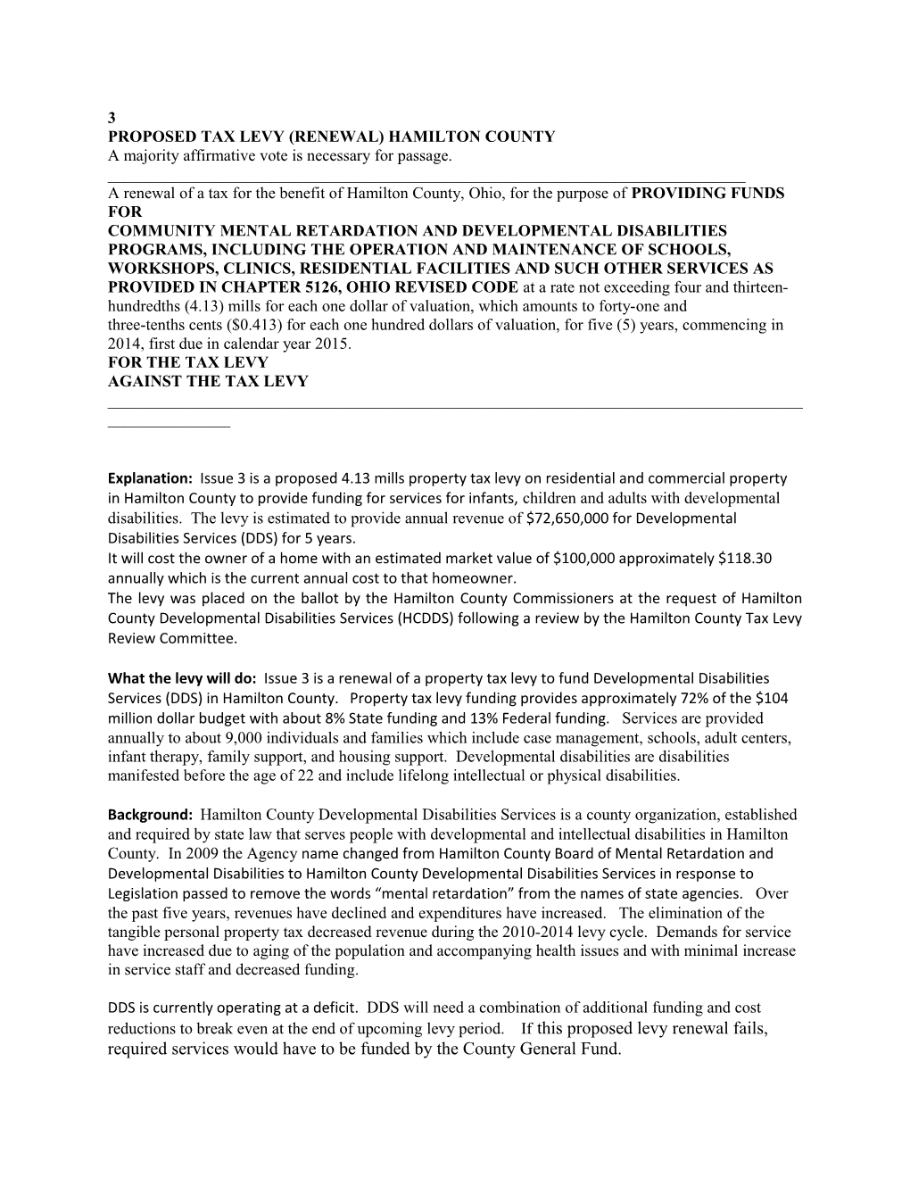 Proposed Tax Levy (Renewal) Hamilton County