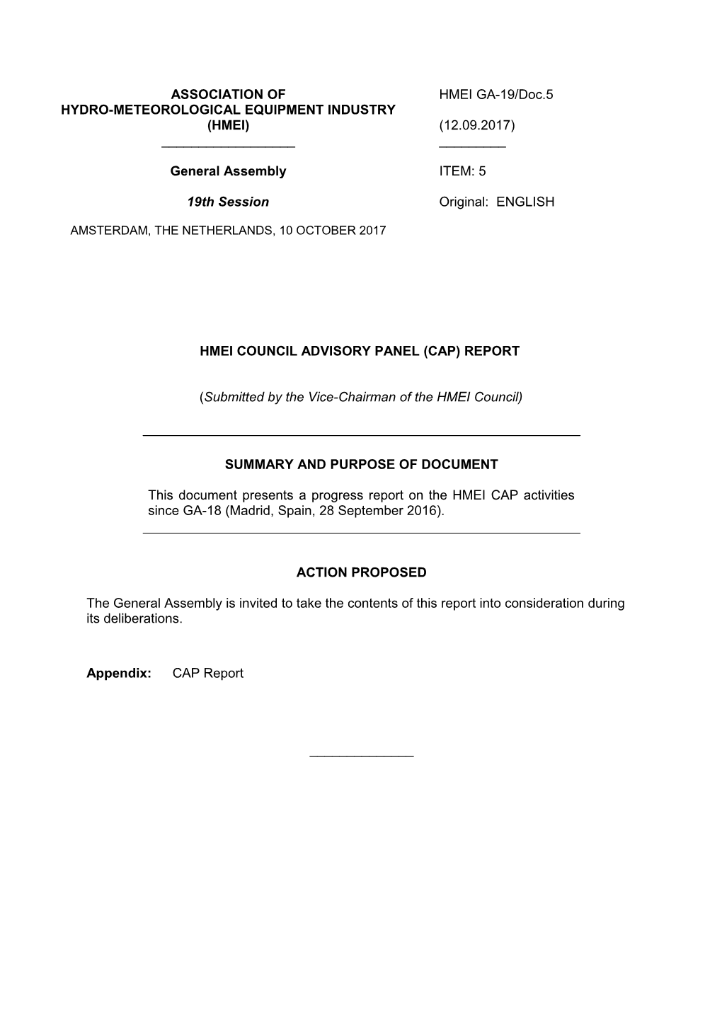 HMEI Council Advisory Panel (CAP) Report