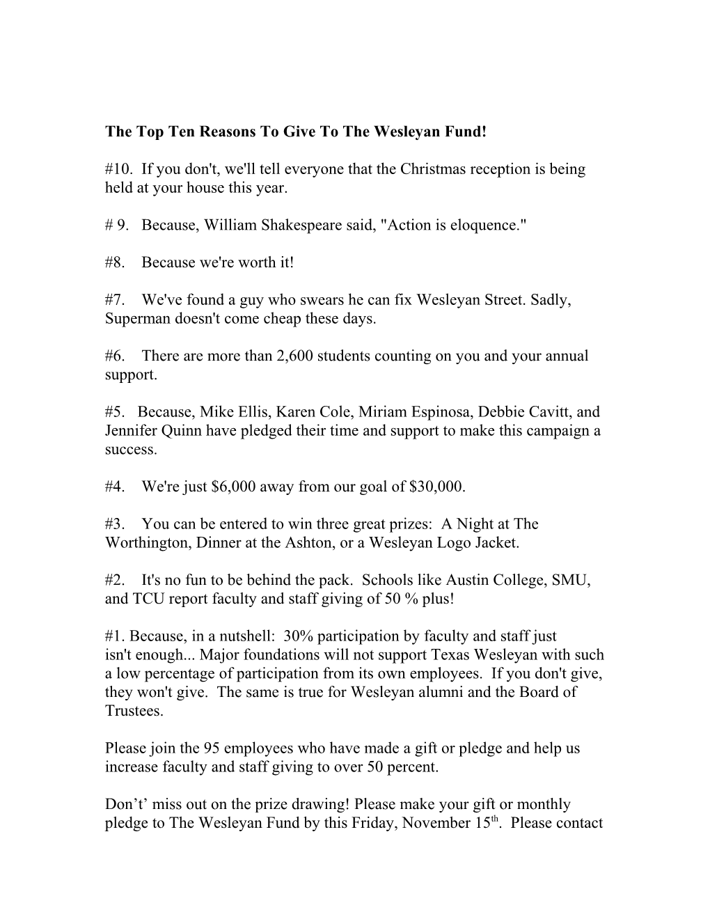 The Top Ten Reasons to Give to the Wesleyan Fund