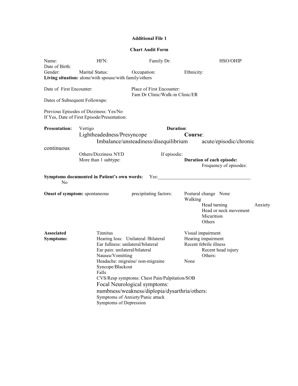 Appendix A: Chart Audit Form