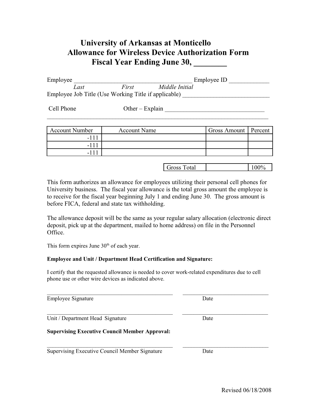 Allowance for Wireless Devise Authorization Form