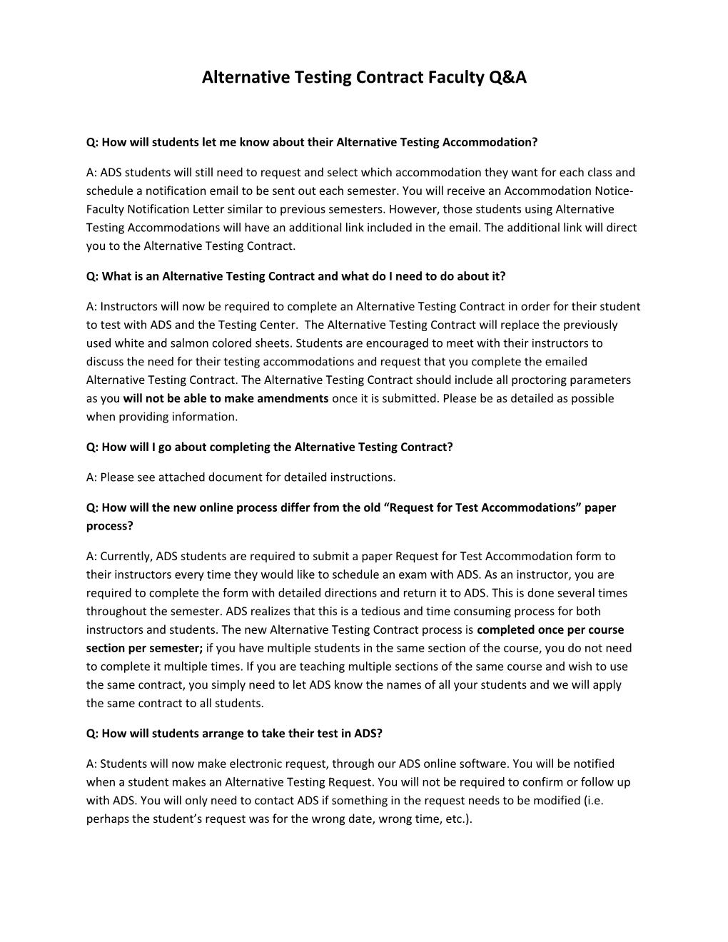 Alternative Testing Contract Faculty Q&A