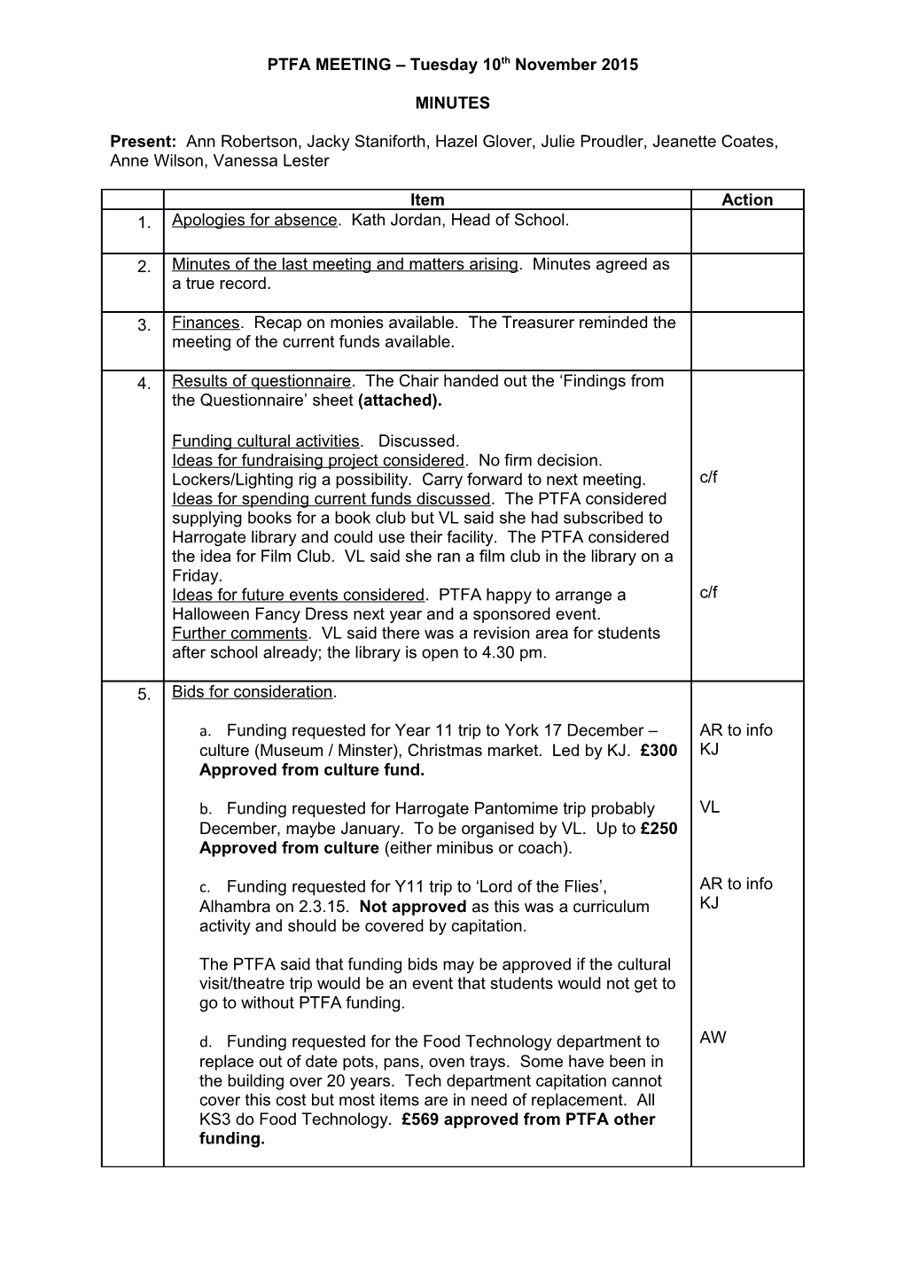 PTFA MEETING Tuesday 10Th November 2015