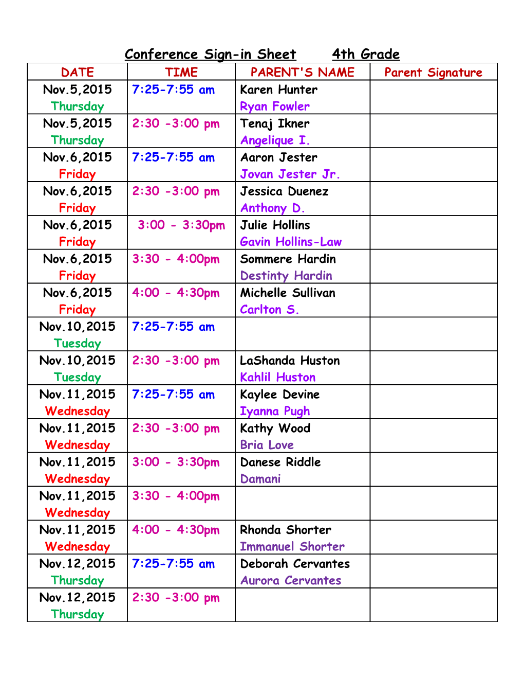 Conference Sign-In Sheet 4Th Grade