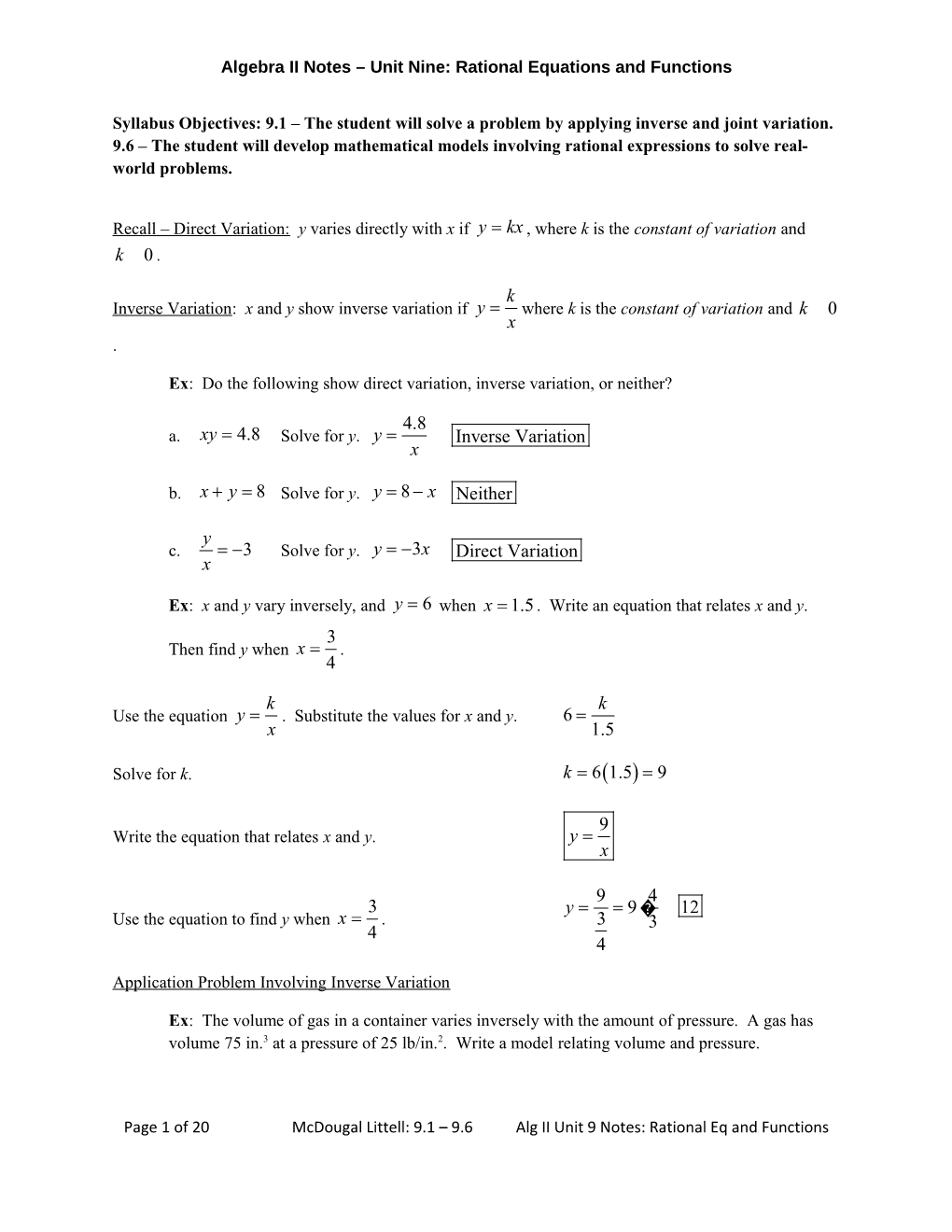 Algebra II Notes Unit Nine: Rational Equations and Functions
