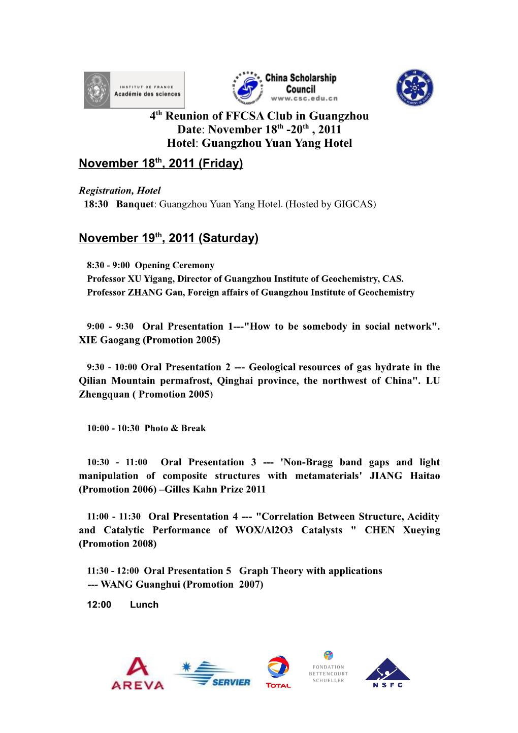 Plan for 2011 Reunion of FFCSA Club in Guangzhou