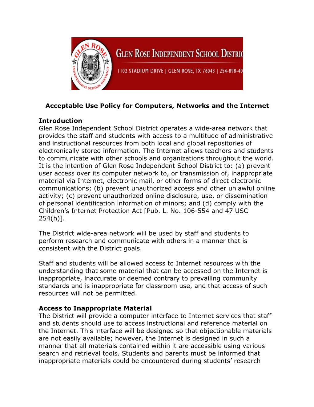 Acceptable Use Policy for Computers, Networks and the Internet