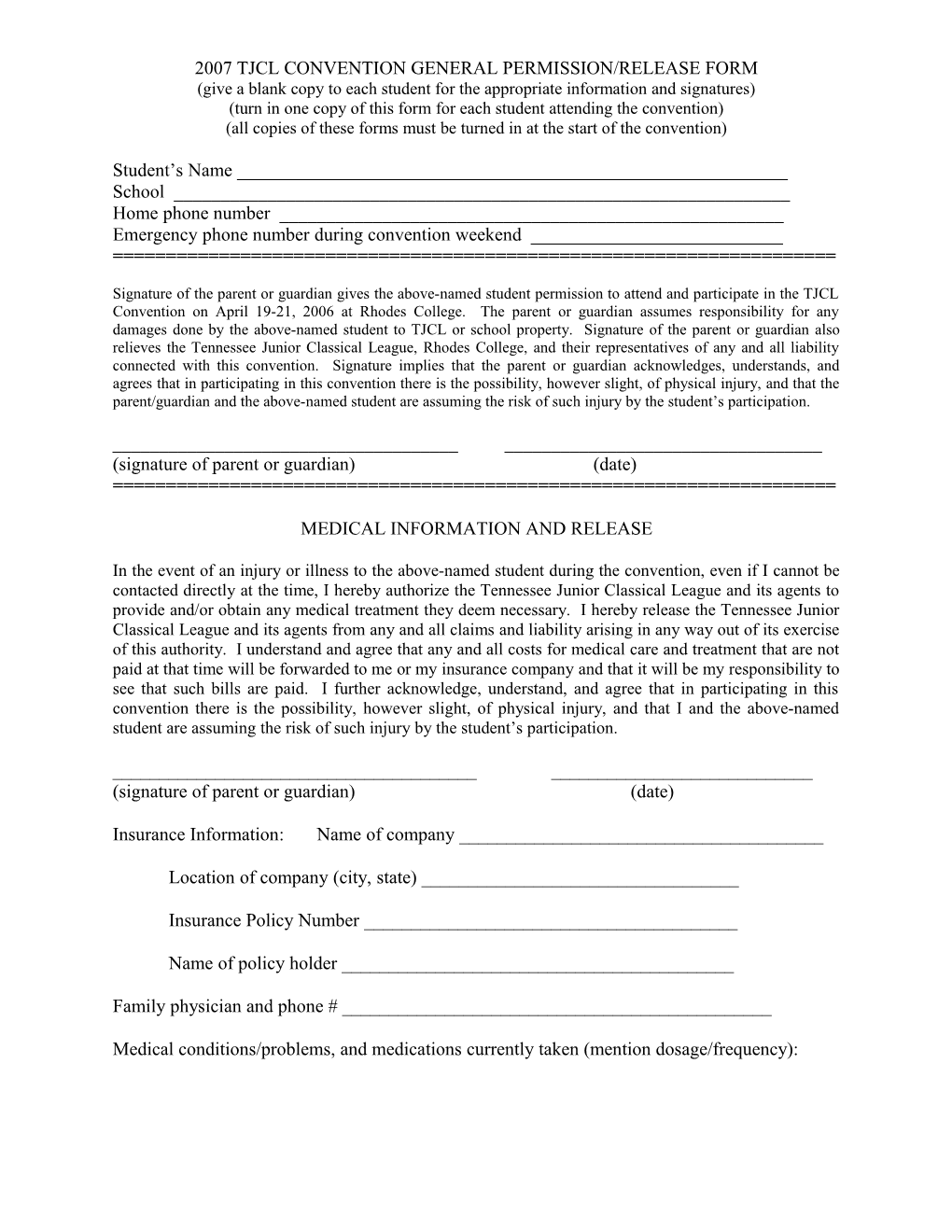 2000 Tjcl Convention Olympika Permission and Release Form