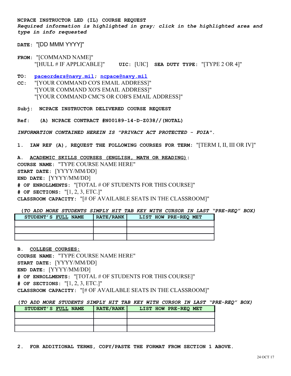 Ncpace Instructor Led (Il) Course Request