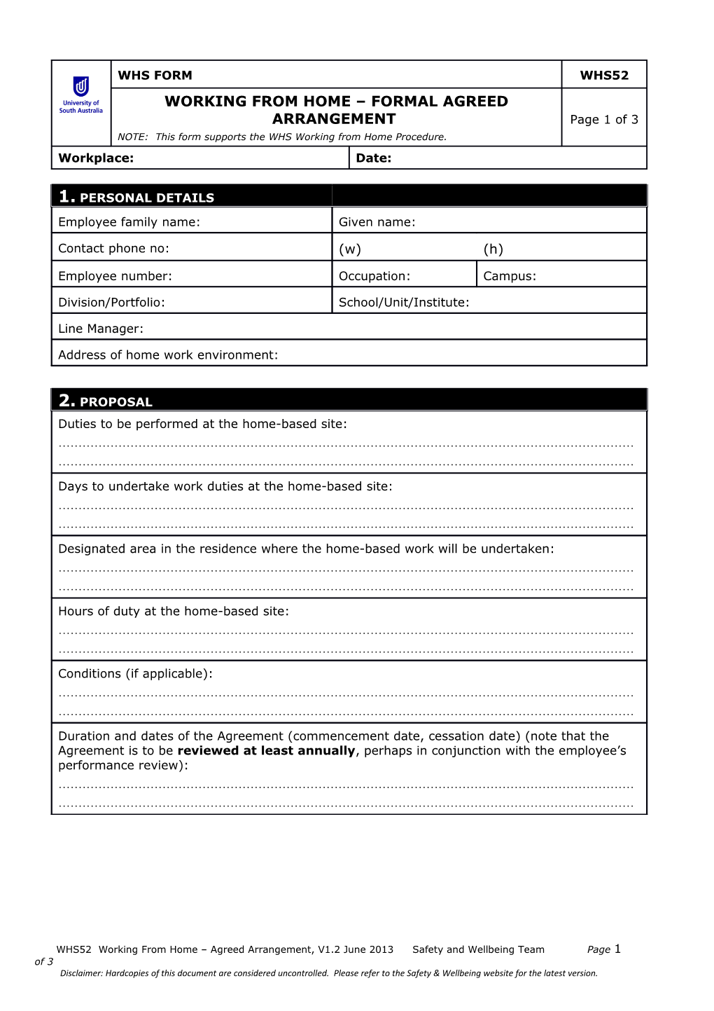 Agreed Working from Home Arrangement Form