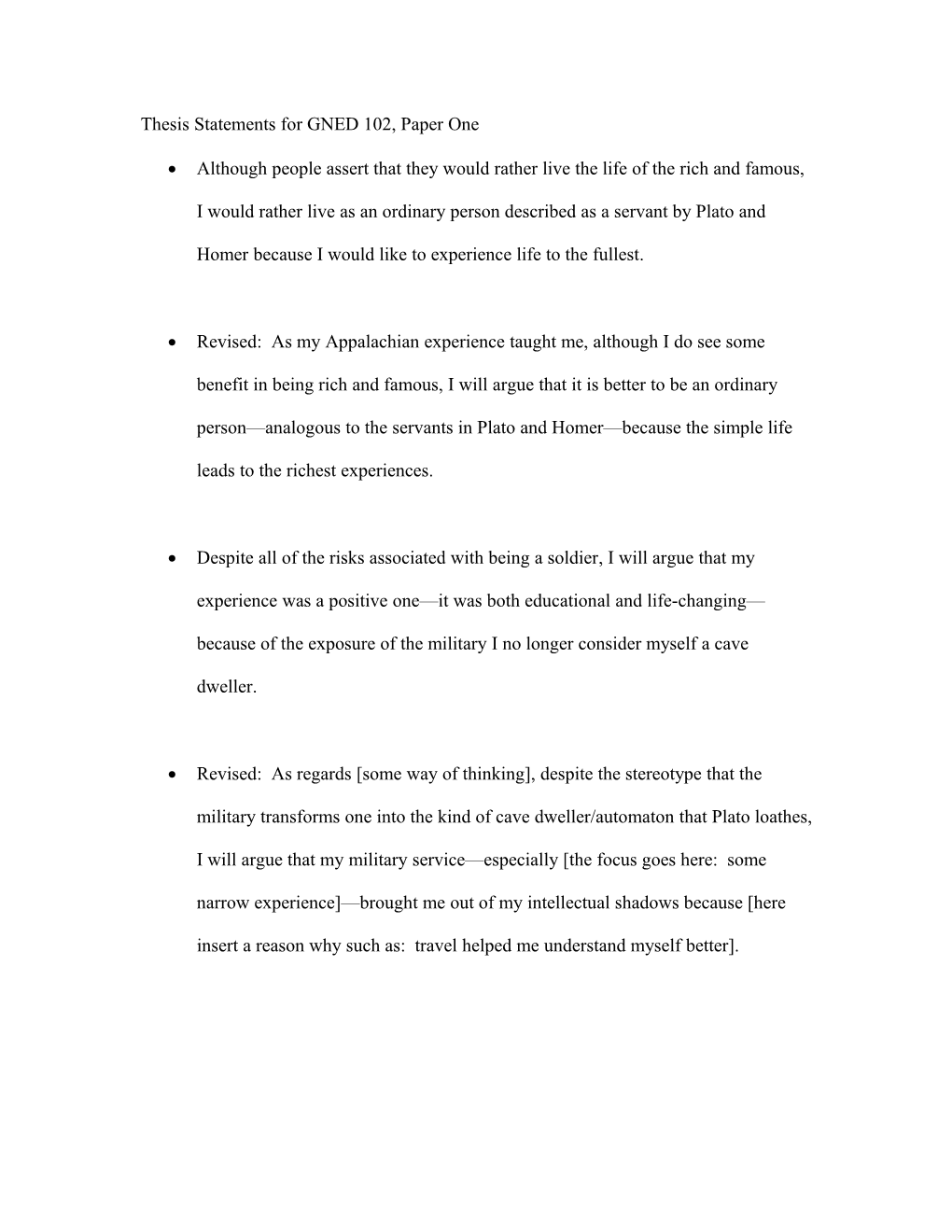Thesis Statements for GNED 102, Paper One