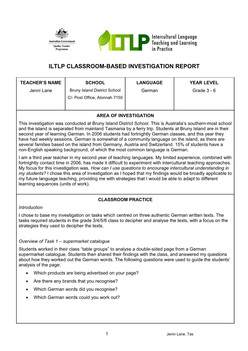 Iltlp Classroom-Based Investigation Report