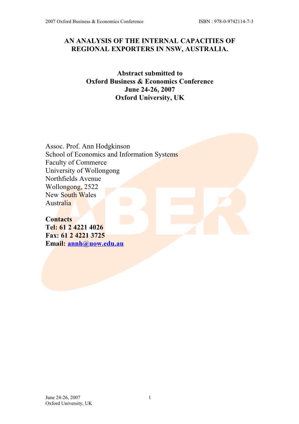 An Analysis of the Internal Capacities of Regional Exporters in Nsw, Australia