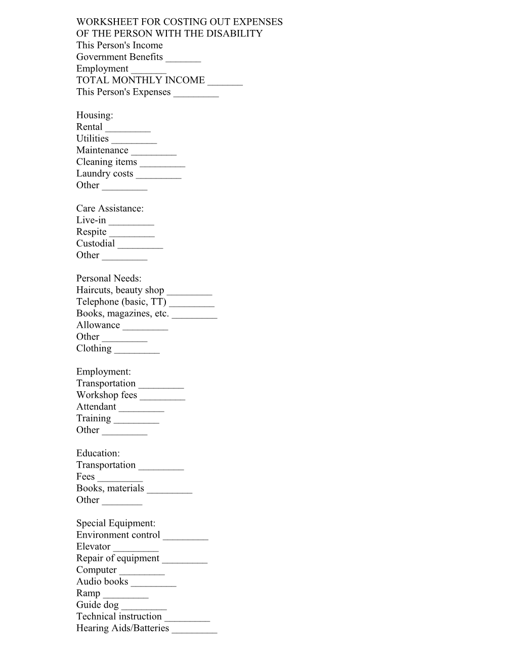 Worksheet for Costing out Expenses