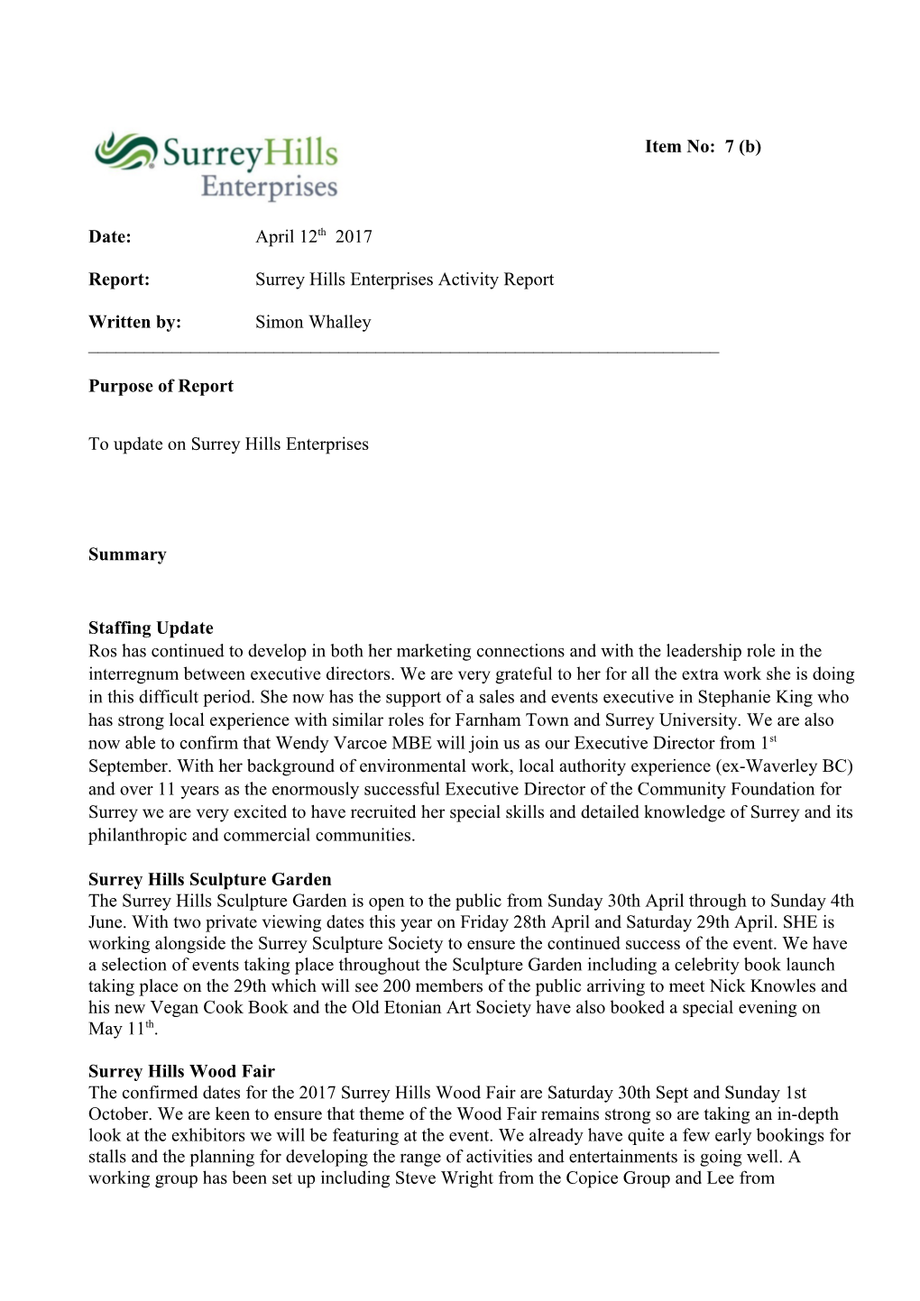 Report: Surrey Hills Enterprises Activity Report