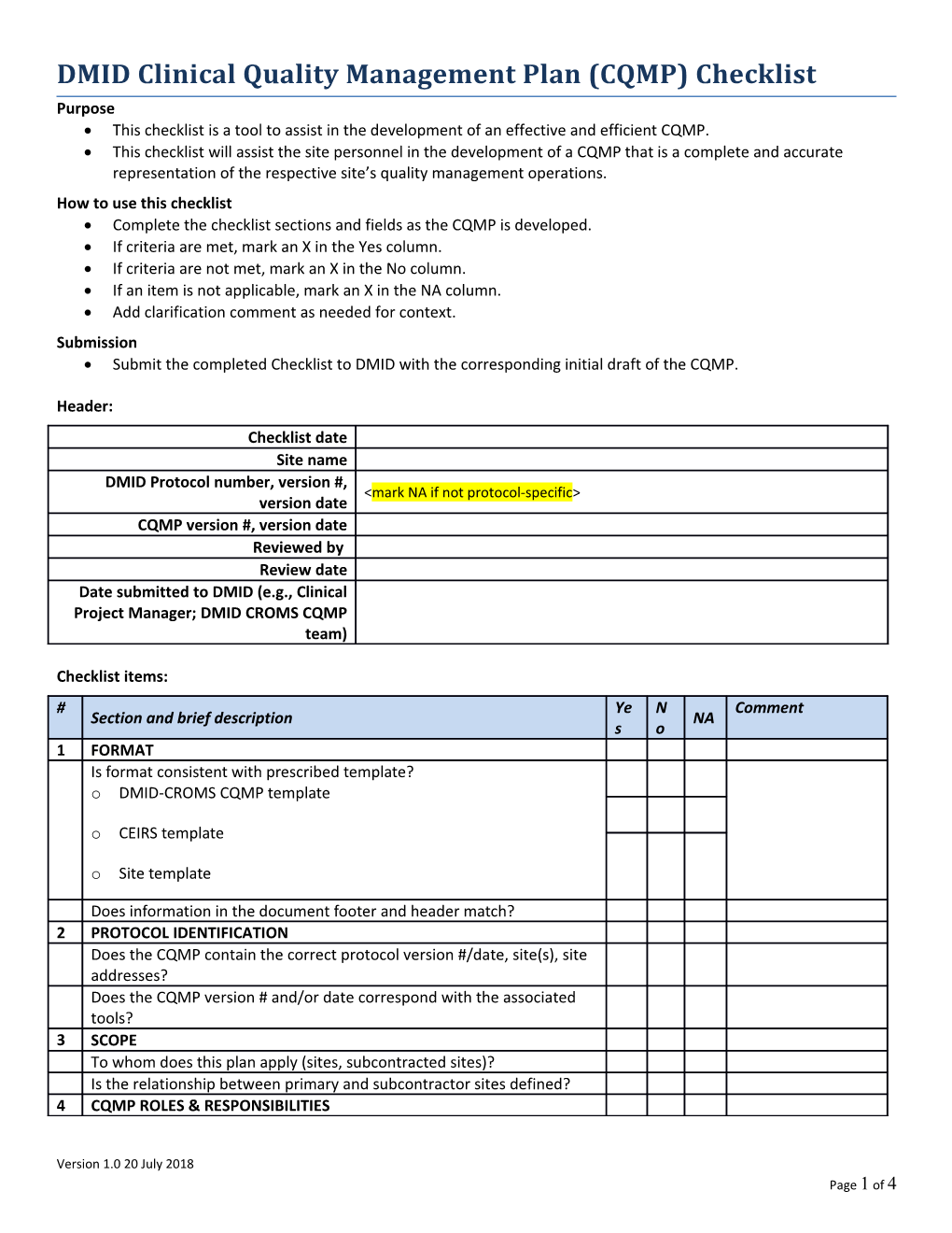 DMID Clinical Quality Management Plan Checklist 23July2018