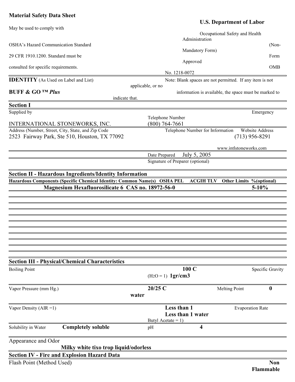 Material Safety Data Sheet U.S. Department of Labor s1