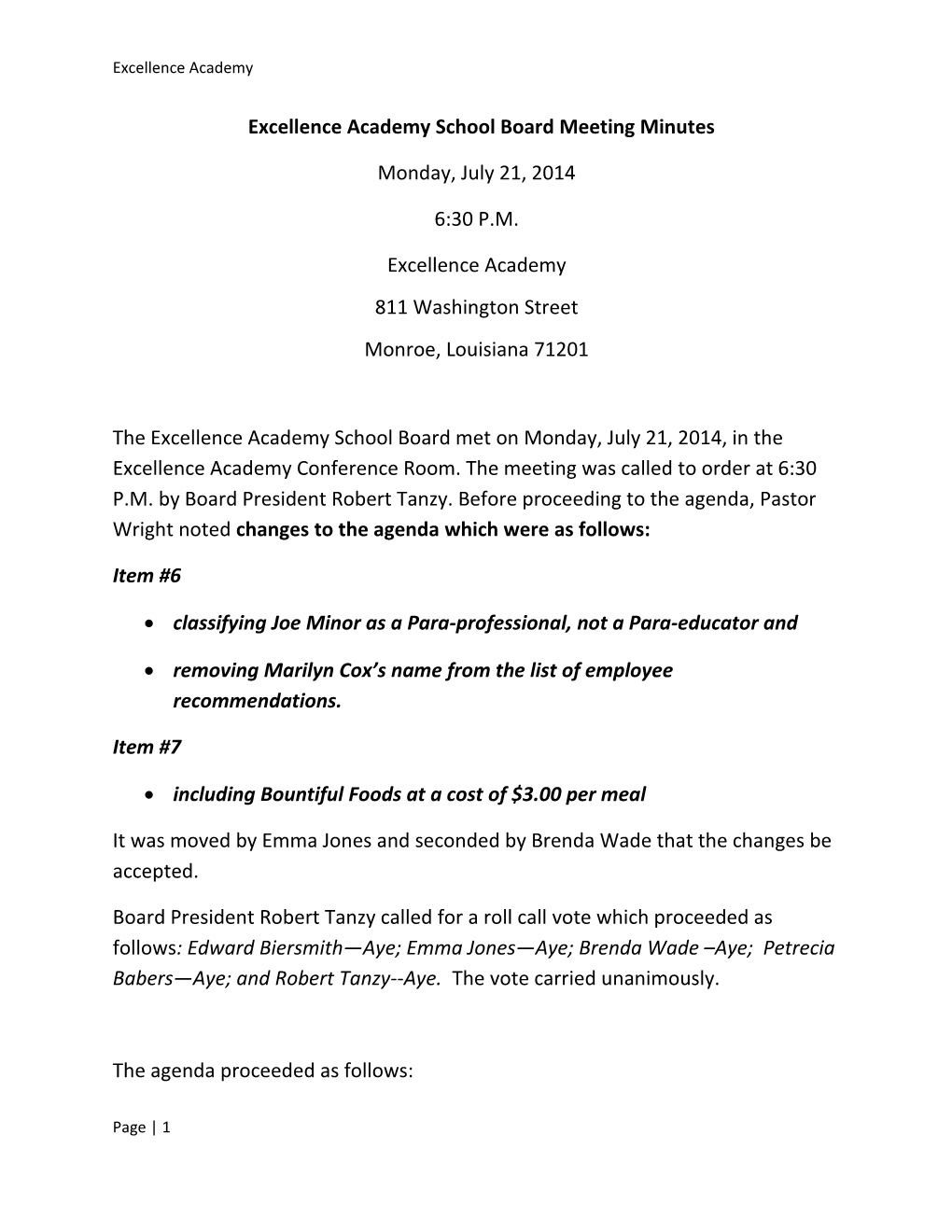 Excellence Academy School Board Meeting Minutes