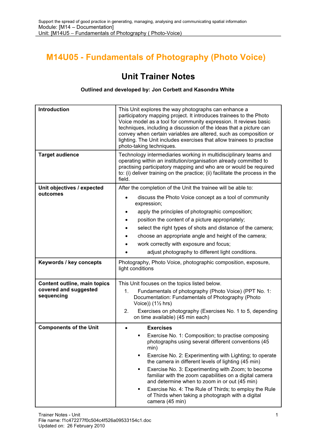 Unit Trainer Notes - Fundamentals of Photography (Photo-Voice)