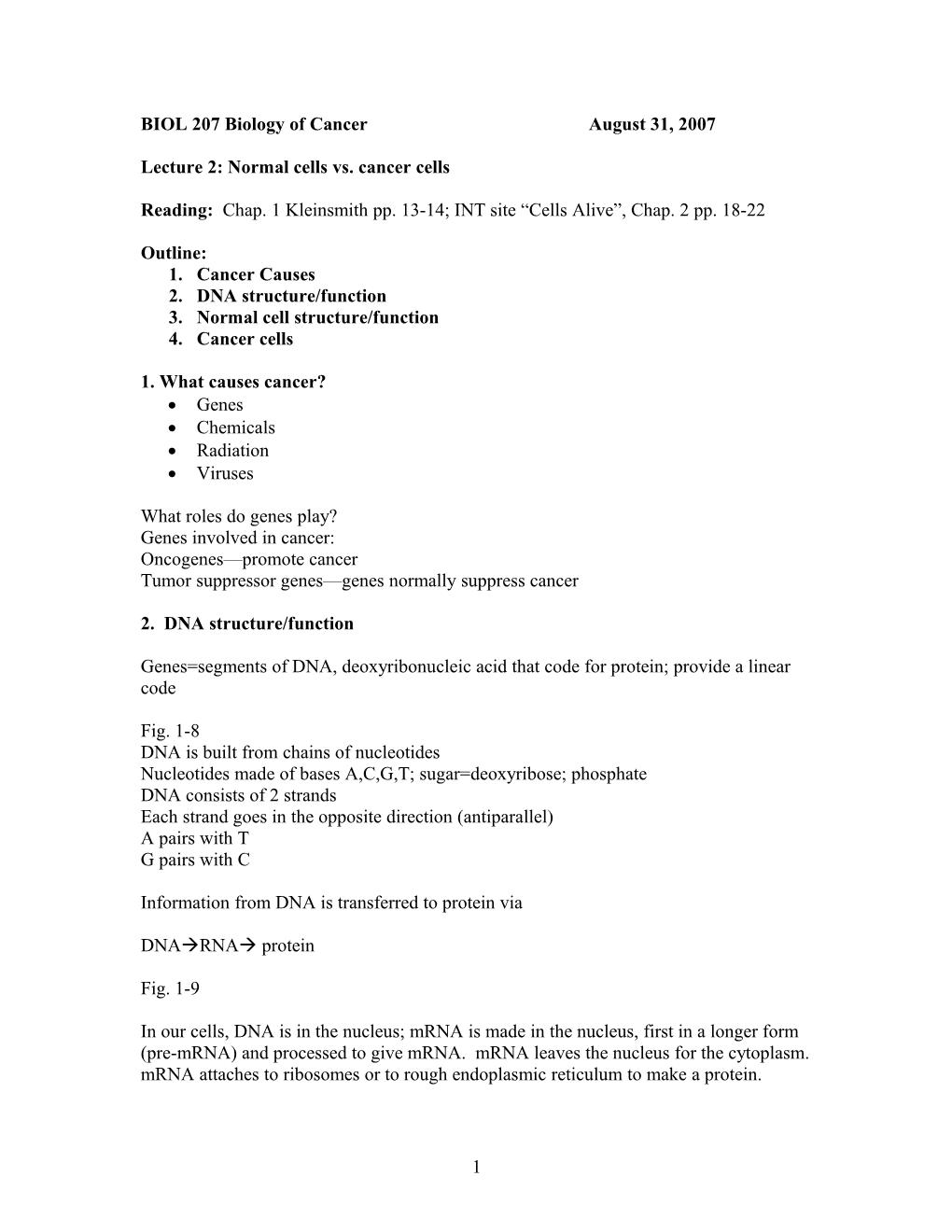 BIOL 207 Biology of Cancer