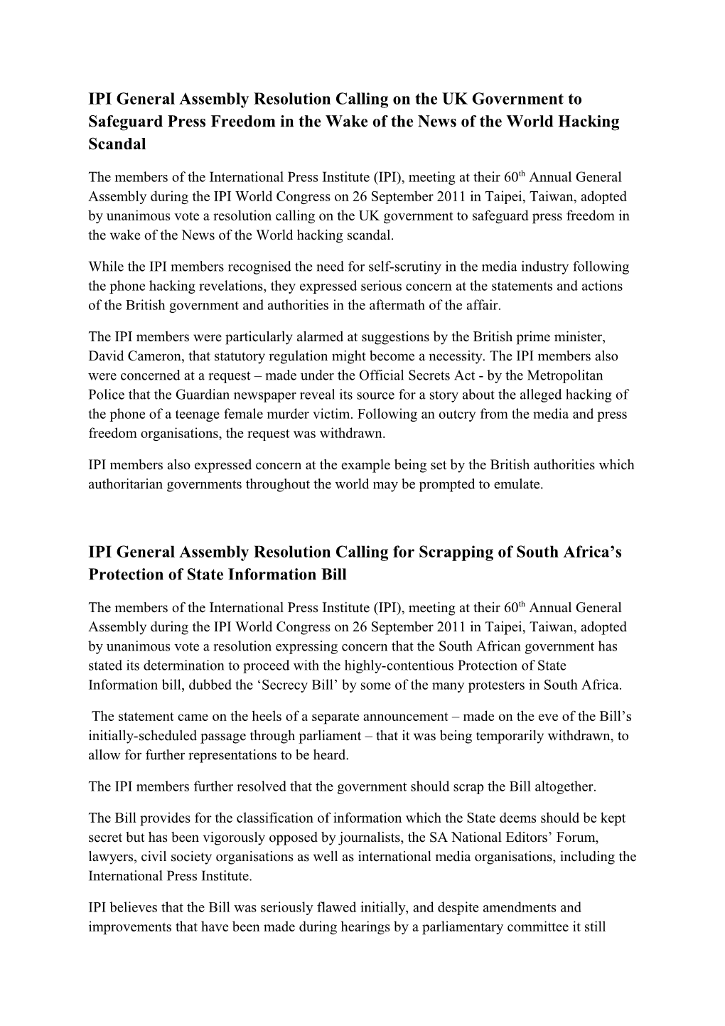 IPI General Assembly Resolution Calling on the UK Government to Safeguard Press Freedom