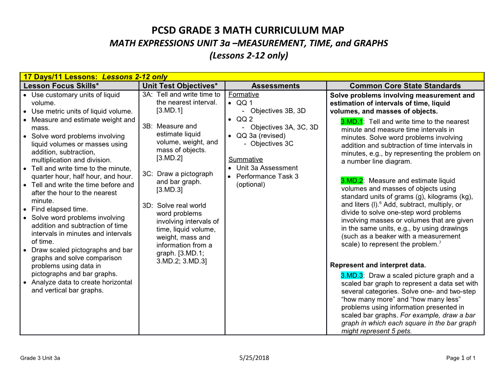 Math Expressions UNIT 3A MEASUREMENT, TIME, and GRAPHS