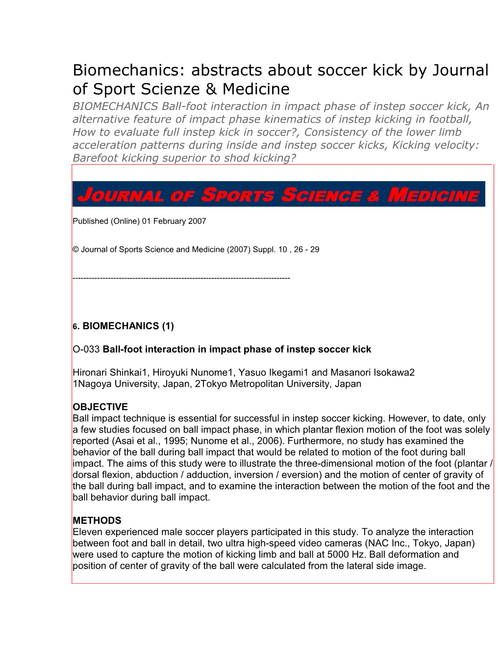 Biomechanics: Abstracts About Soccer Kick by Journal of Sport Scienze & Medicine