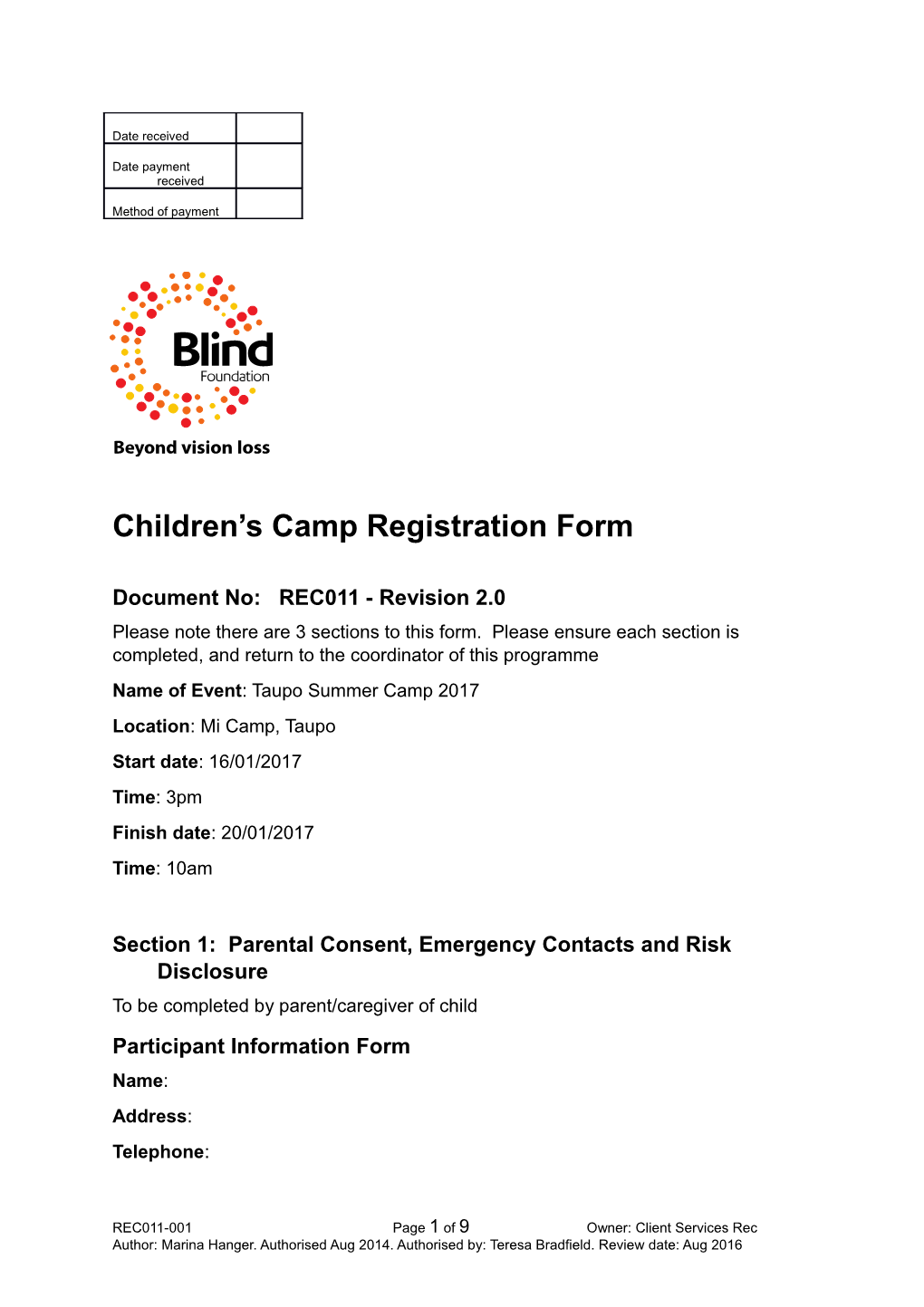Draft Registration Form for Children S Camps Including Sections 1, 2 and 3