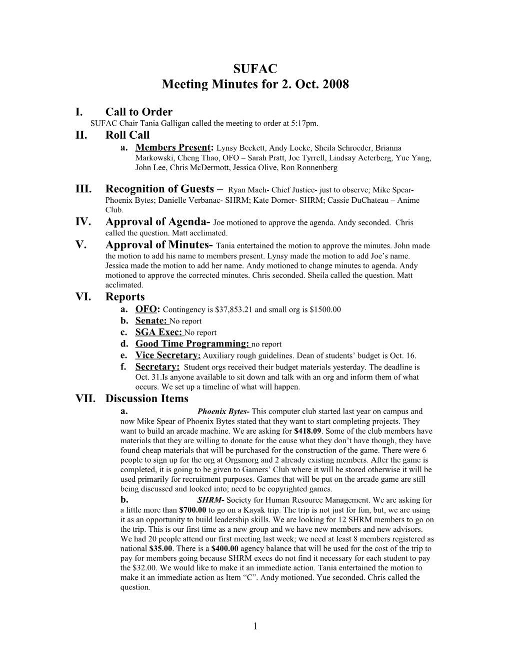 Meeting Minutes for 2. Oct. 2008