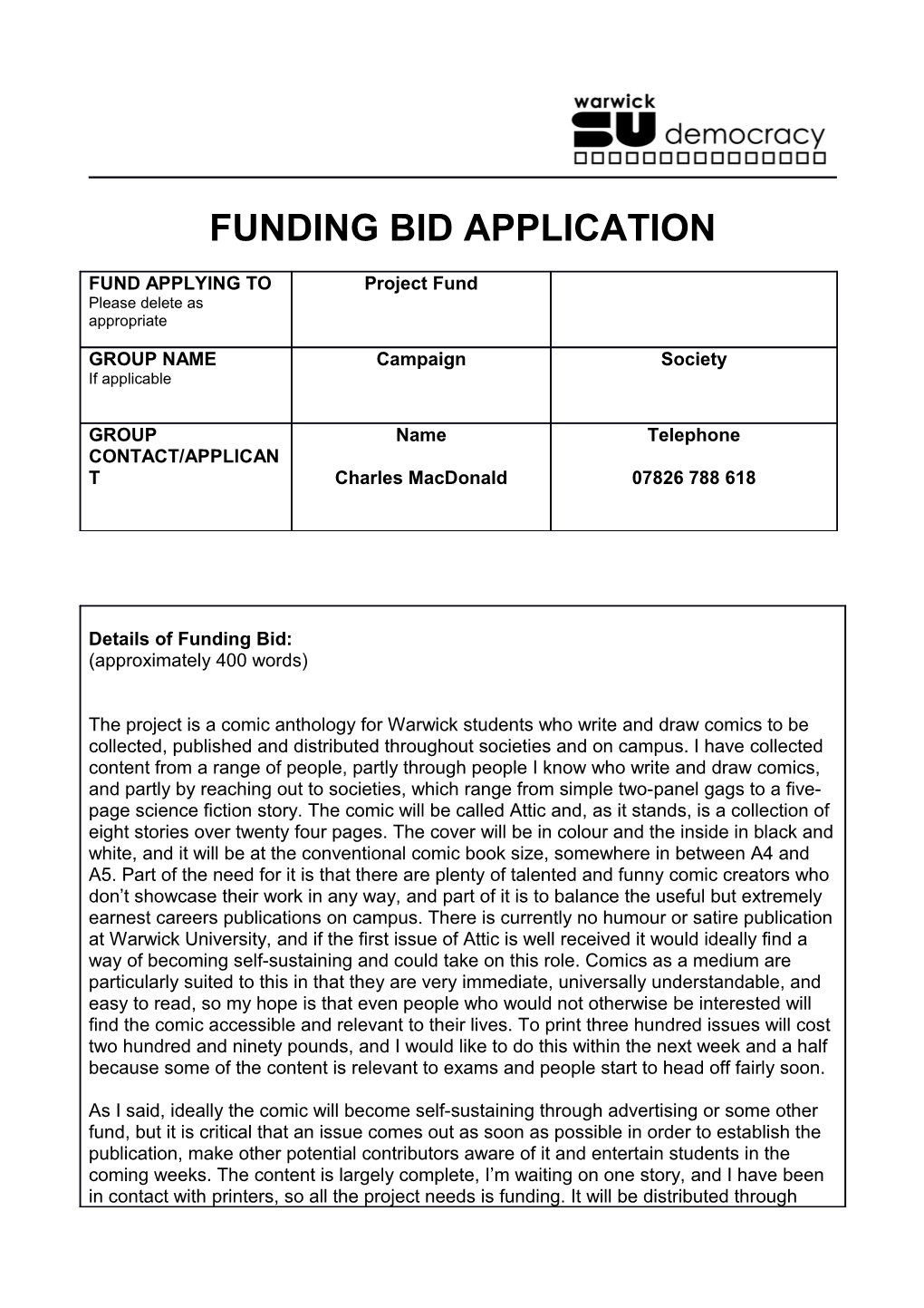 Funding Bid Application