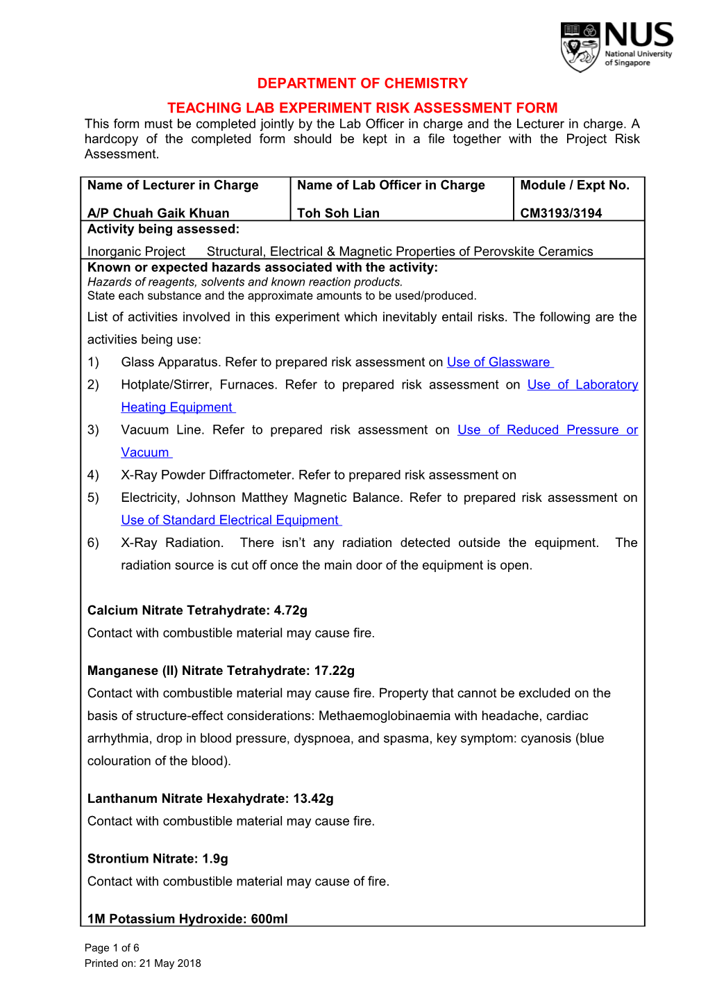 Teaching Lab Experiment Risk Assessment Form