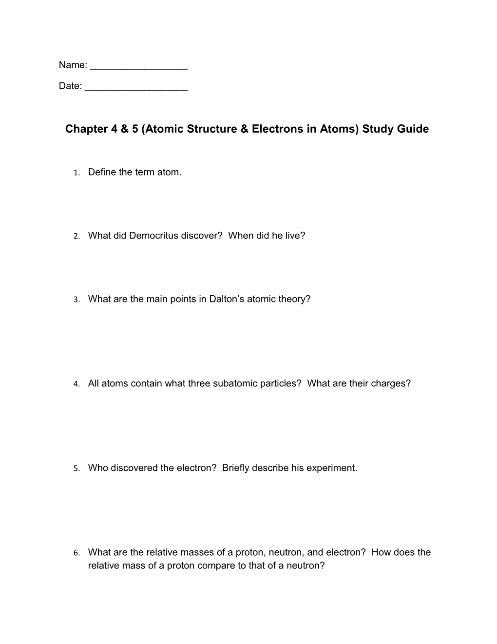 Chapter 4 & 5 (Atomic Structure & Electrons in Atoms) Study Guide