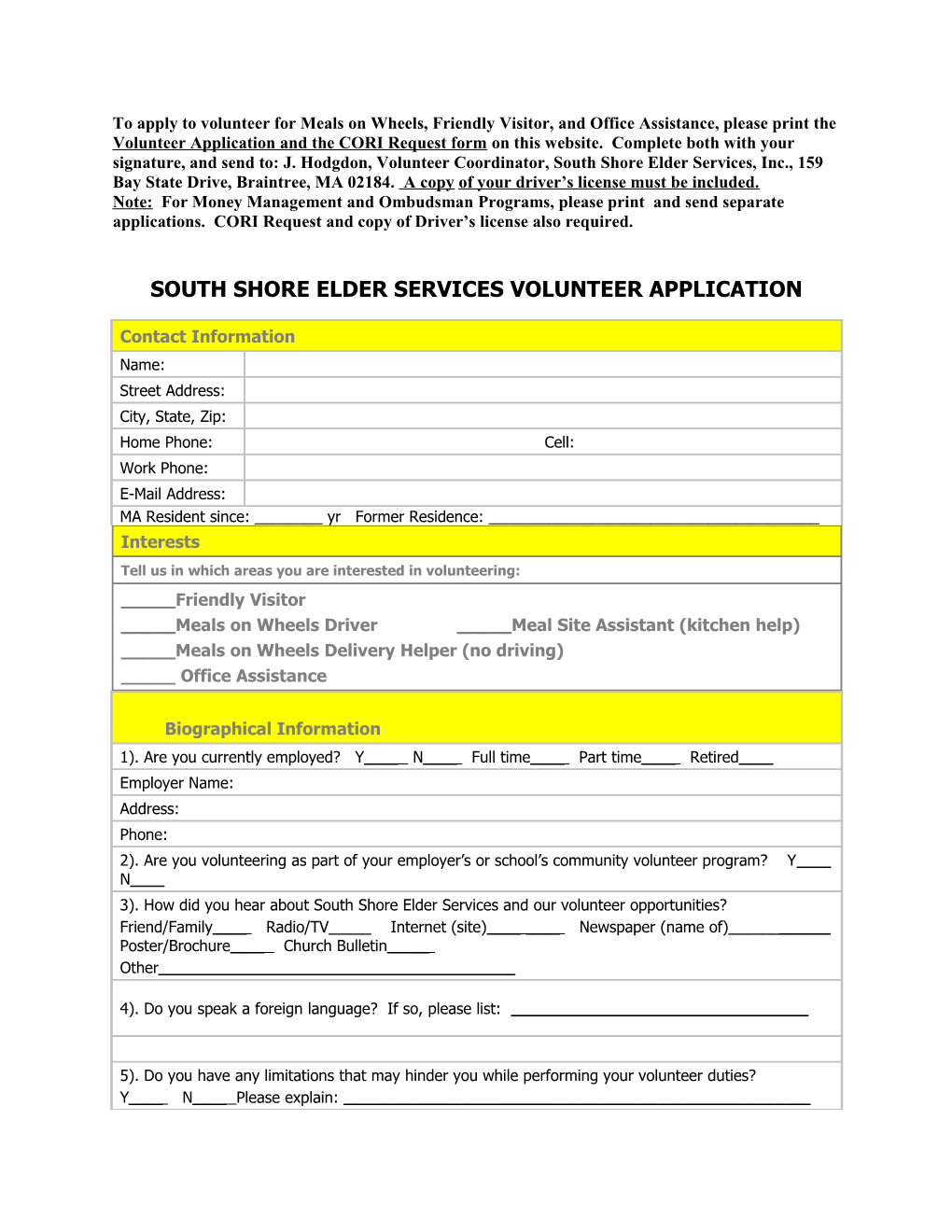 South Shore Elder Services Volunteer Application