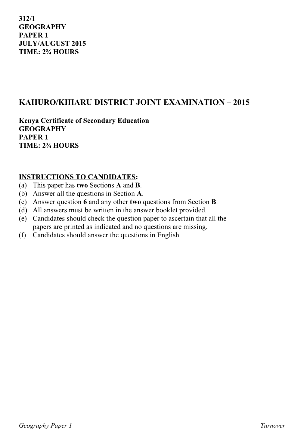 Kahuro/Kiharudistrict Joint Examination 2015