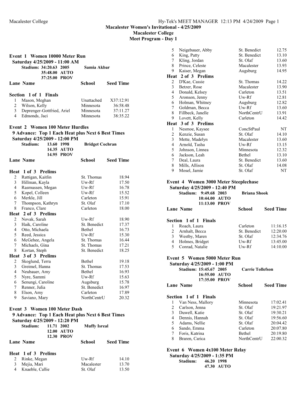 Event 1 Women 10000 Meter Run