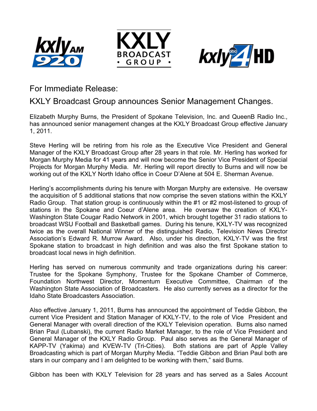KXLY Broadcast Group Announces Senior Management Changes