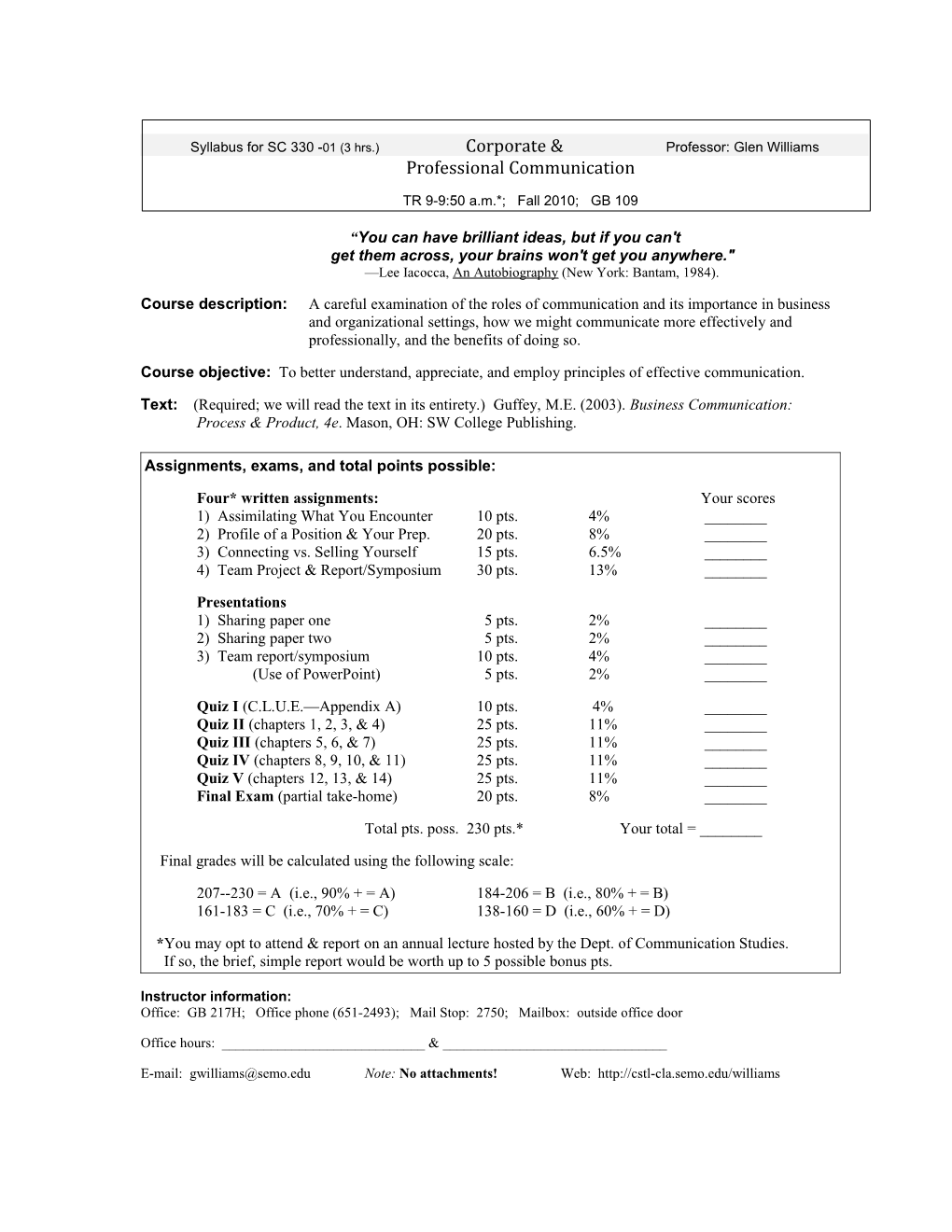 Syllabus for SC 330 - 01 (3 Hrs