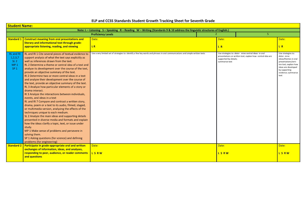 ELP and CCSS Standards Student Growth Tracking Sheet for Seventh Grade